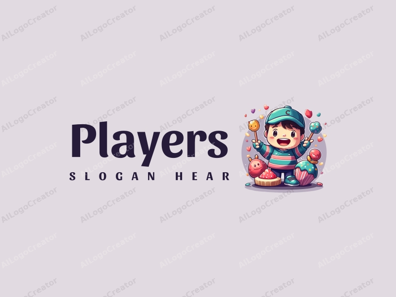 playful design features a vibrant array of colors, a stylized player and game character, along with whimsical candy and sprite elements, combined with a clean and simple background.