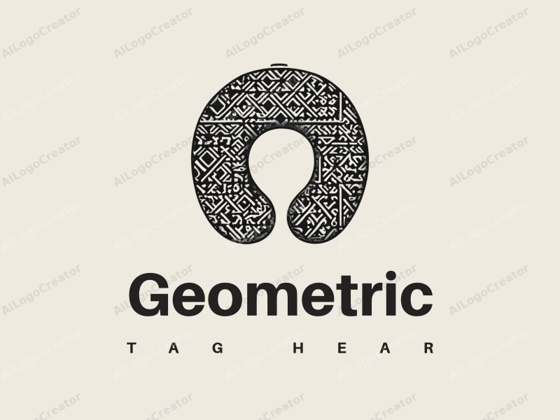 geometric design features a harmonious combination of squares and circles, incorporating elements of a neck pillow and travel motifs, with a clean black and white color scheme.