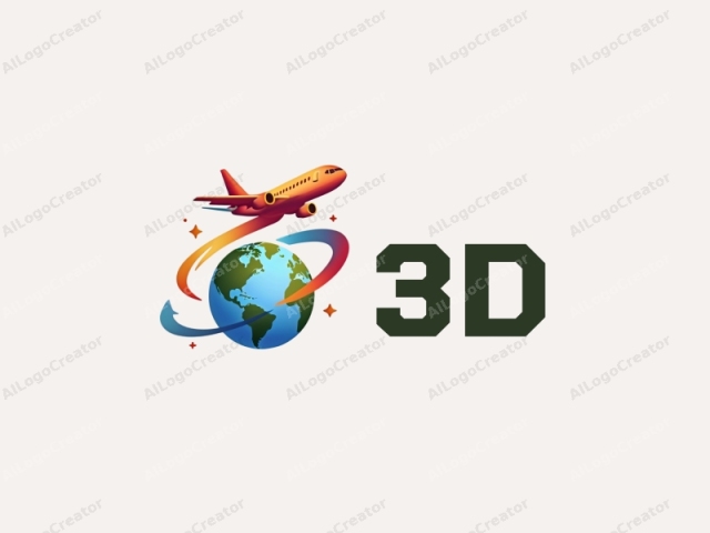 一個現代設計，展示了一架色彩繽紛的3D飛機翱翔於一個風格化的地球上空，融合了動態元素，傳達出動感和能量，背景乾淨清爽。