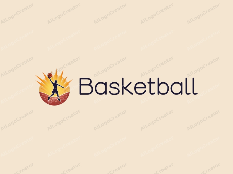 playful design features a stylized basketball and athlete in action, surrounded by radiant sunshine, combined with a clean background.