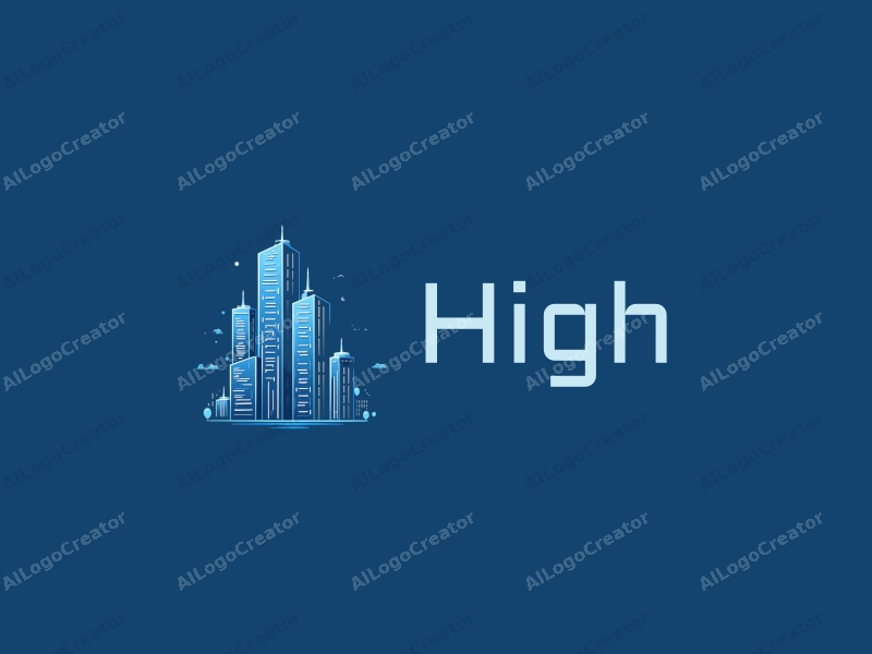 modern design features towering skyscrapers with blockchain motifs, incorporating a clean and simple aesthetic with a blue color palette.