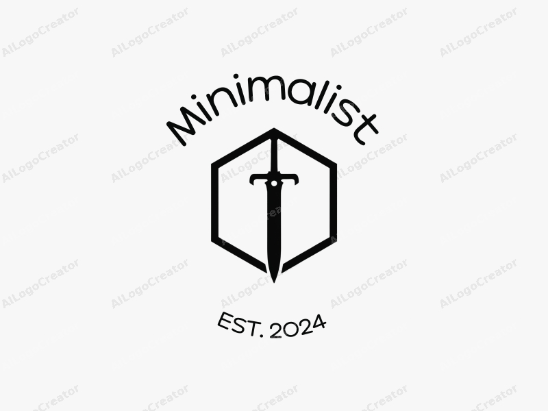 minimalist design features a stylized sword integrated within a hexagon, using clean lines and a black and white color scheme, combined with a tag style approach against a simple background.