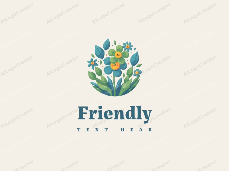 playful design features friendly flowers and smiling faces, combined with a blue and green color palette, set against a clean background.