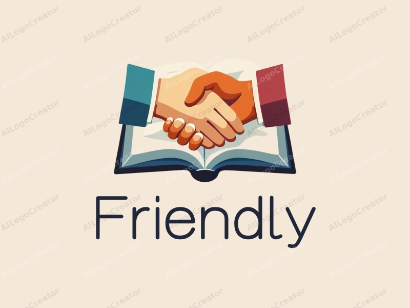 playful design features a stylized book and a handshake, combined with a clean background, emphasizing friendship and community in an educational and social context.