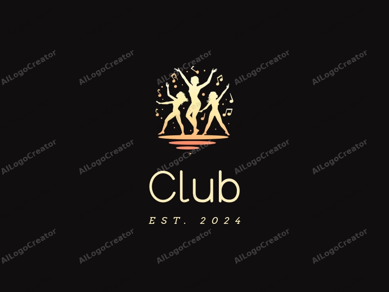 a modern design featuring a stylized club scene with abstract dance figures and musical notes, combined with a clean black background.