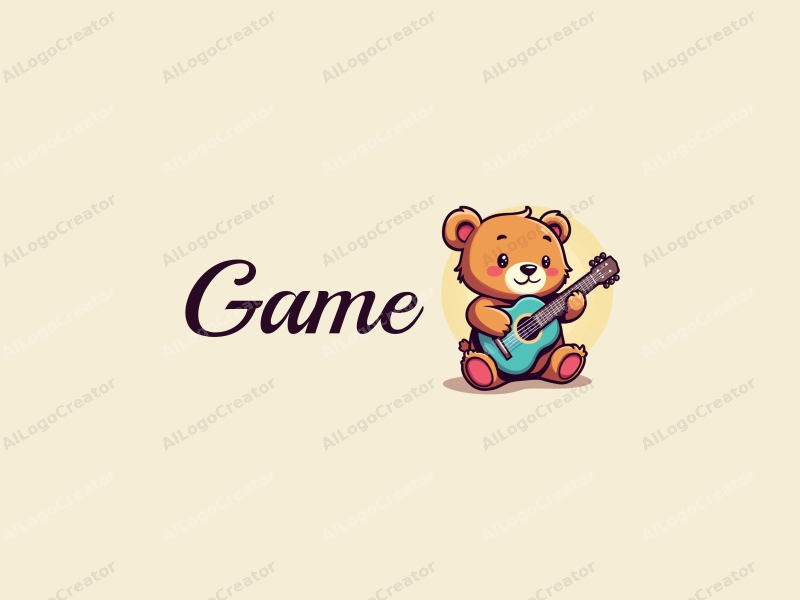 playful design features a stylized plush bear holding a guitar, vibrant colors, and a clean background with a whimsical touch.