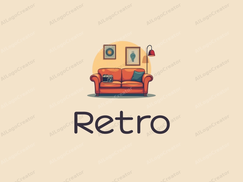 vintage design features a retro sofa, an old camera, and a retro lamp, combined with a vintage poster design approach, set against a clean background.