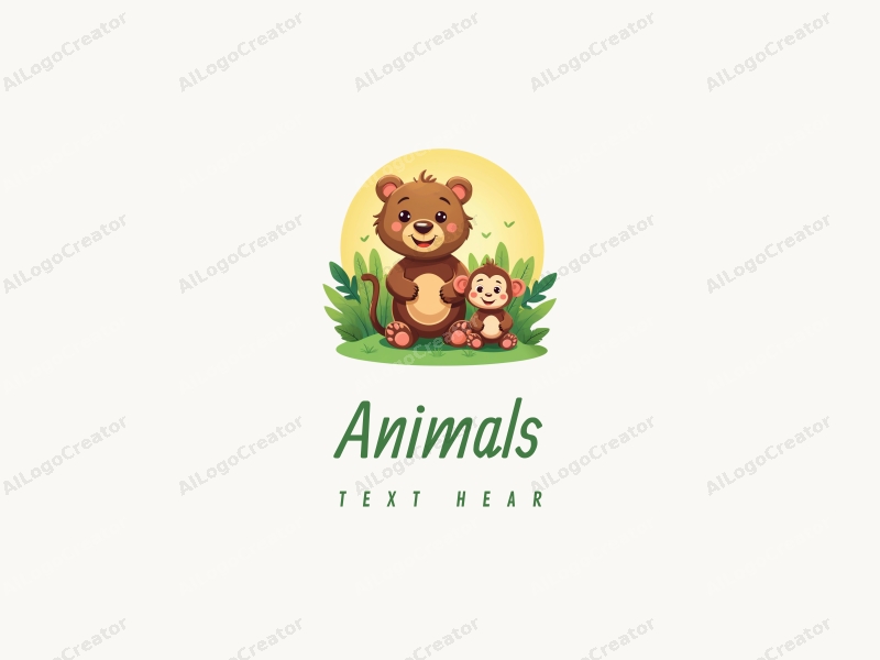 playful design features a baby bear and a baby monkey in a vibrant, colorful setting, incorporating elements of wildlife and education, with a clean and harmonious composition.