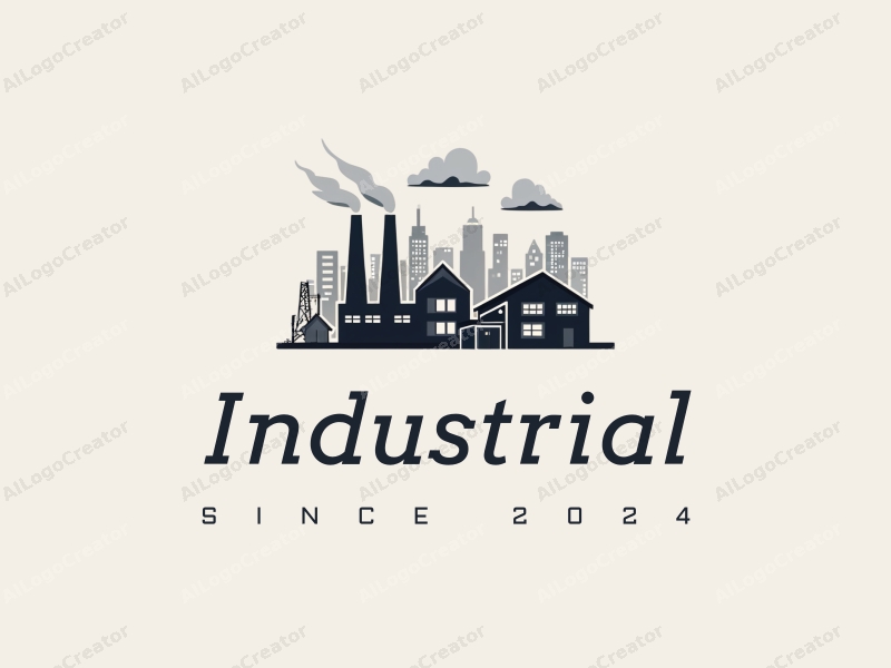 minimalist design features a stylized factory and machinery integrated with a sleek city skyline and modern architecture, combined with a clean background.