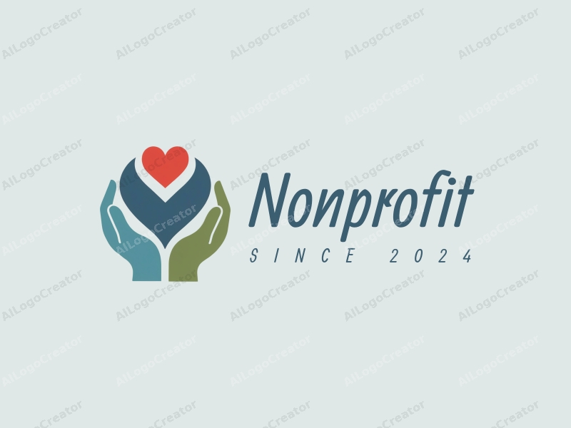 modern design features a stylized heart and hand symbolizing charity and volunteer work, combined with a clean background in blue and green tones.