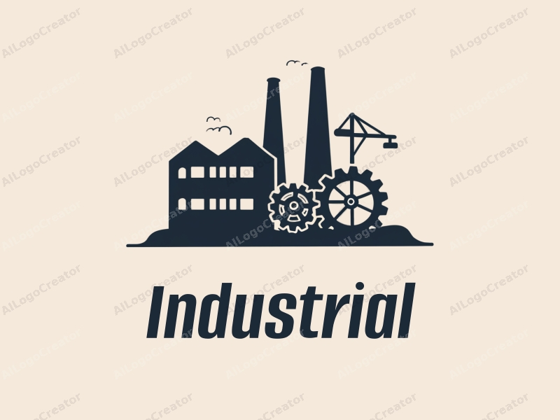 modern design features a stylized factory silhouette, interlocking gears, and a crane, combined with a clean background.