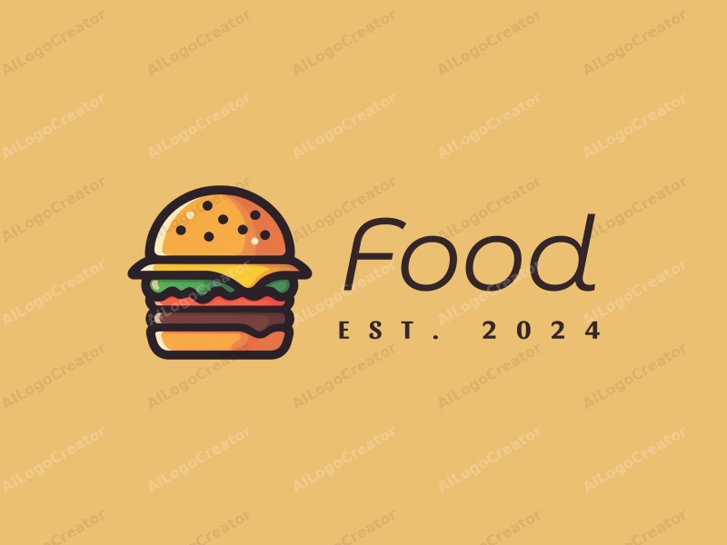 a modern design featuring a stylized burger and fries, with vibrant colors and a clean background, emphasizing the deliciousness of the food in a harmonious and simple composition.