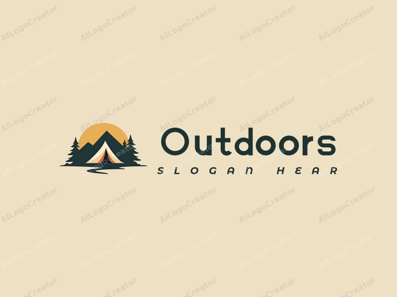 modern design features a stylized camping tent and mountain peak, combined with a clean background and a harmonious composition.