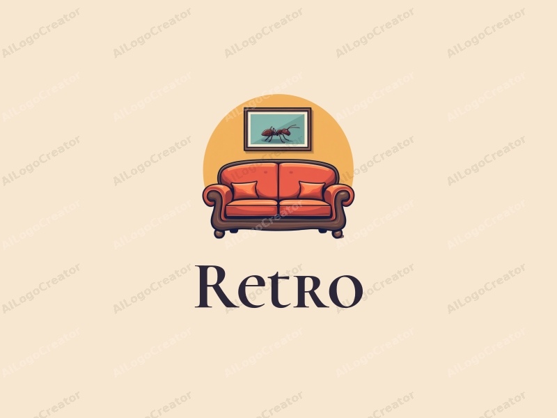 vintage design features a retro sofa and a retro poster, combined with an ant symbolizing technology, using a clean background and harmonious composition.