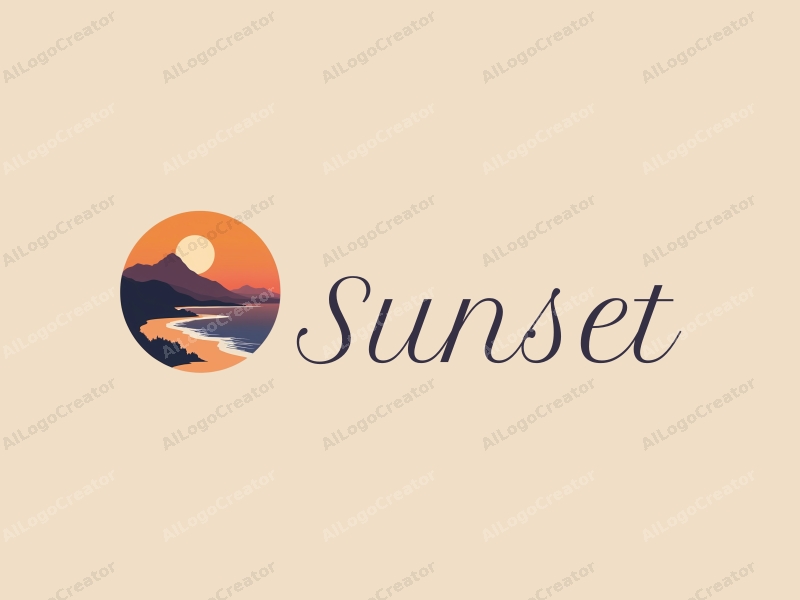 vintage design features a stylized sunset over a beach with mountains in the background, incorporating warm orange and purple tones, combined with a clean and harmonious layout.