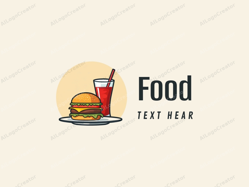 a modern design featuring a colorful plate with a stylized hamburger and a refreshing cold drink, combined with a clean background and a harmonious layout.