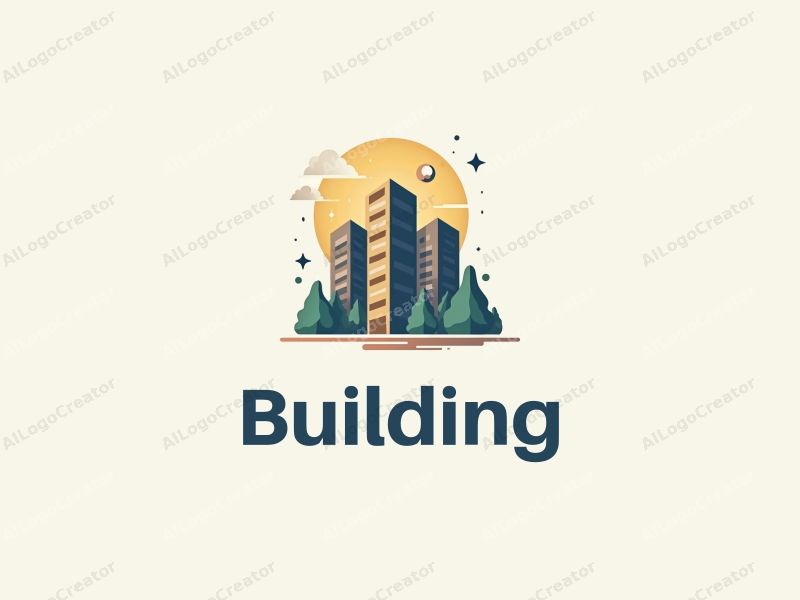 modern design features a stylized building and structure, integrated with star and circle elements, combined with a clean background.