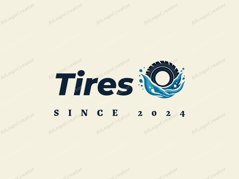 a modern design featuring a stylized tire intertwined with flowing water, emphasizing movement and fluidity, combined with a clean background.