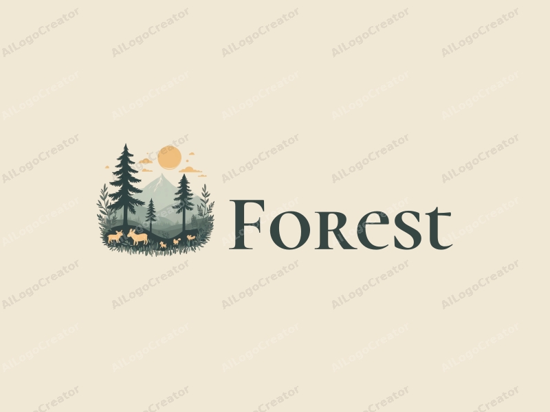 vintage design features a serene forest landscape with stylized trees, delicate leaves, and small animals integrated harmoniously, combined with a clean background.