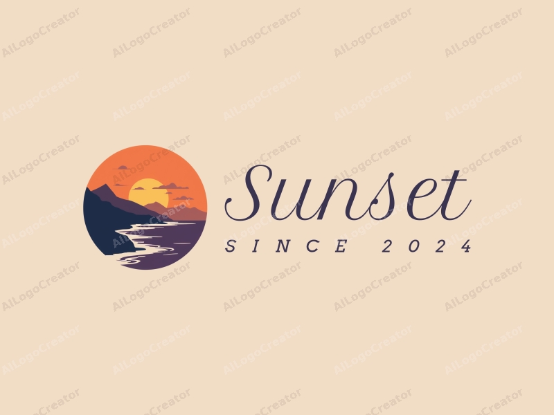 vintage design features a stylized sunset over a coastline with mountains in the background, using a harmonious blend of orange and purple colors, combined with a clean and simple layout.