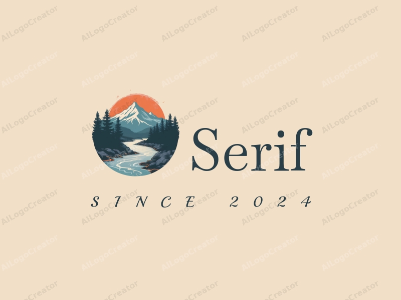 vintage design features elegant serif fonts, stylized mountains and flowing rivers, combined with a clean background.