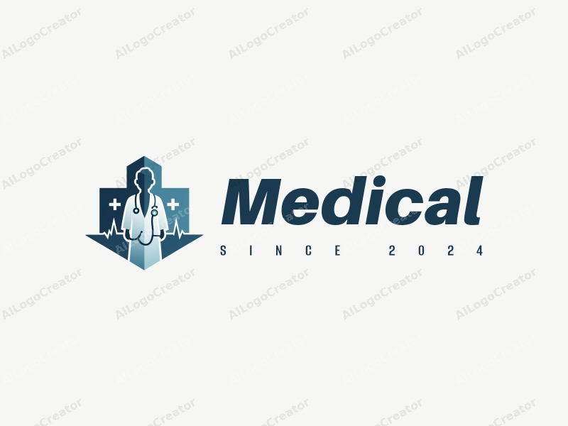 modern design features a stylized hospital silhouette, a doctor figure, a stethoscope intertwined with a heartbeat line, combined with a clean background.