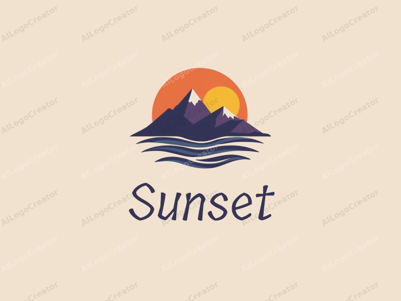 vintage design features a stylized sunset over mountains, with gentle waves in the foreground, using a harmonious blend of orange and purple colors against a clean background.