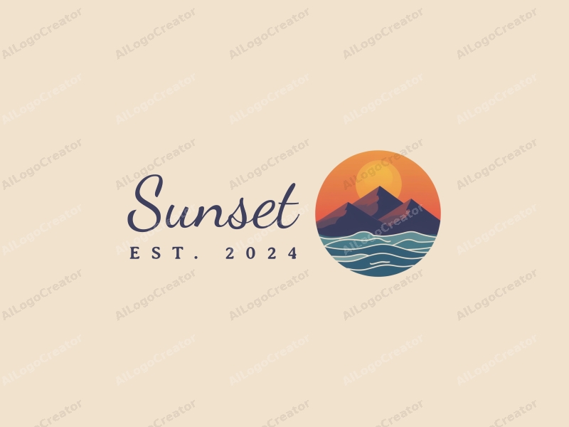 vintage design features a stylized sunset over mountains, with gentle waves in the foreground, using a harmonious blend of orange and purple colors against a clean background.