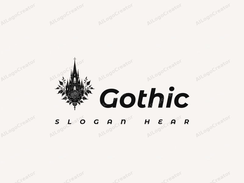 Gothic design features intricate Gothic architecture, a stylized spire church silhouette, and elements of Gothic fashion combined with a black rose, all set against a clean background.