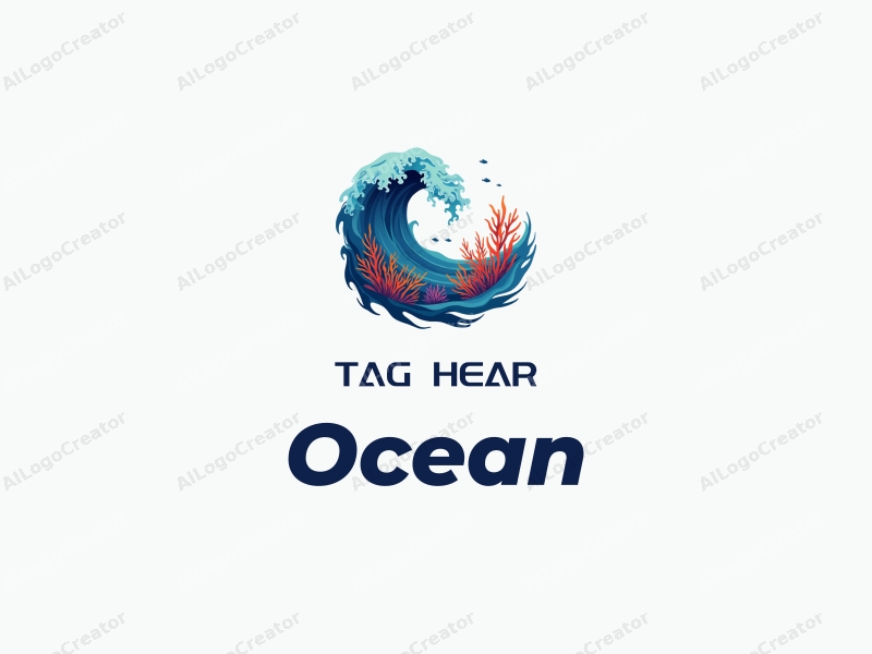 a modern design featuring stylized waves, vibrant marine life including coral and schools of fish, combined with a clean background.