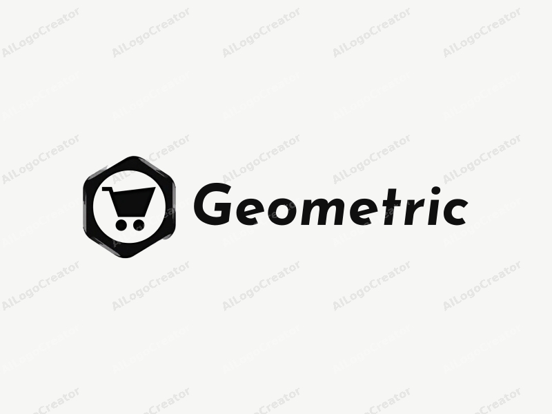 geometric design features a stylized shopping cart integrated within a square and circle composition, utilizing black and white colors for a clean and modern aesthetic.