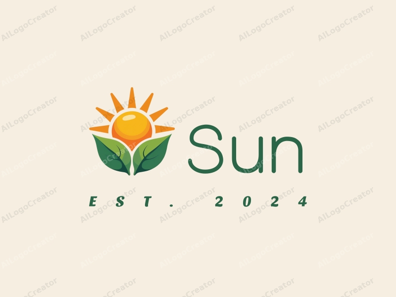 playful design features a stylized sun with rays of light, vibrant green leaves, and a cheerful atmosphere combined with a clean background.