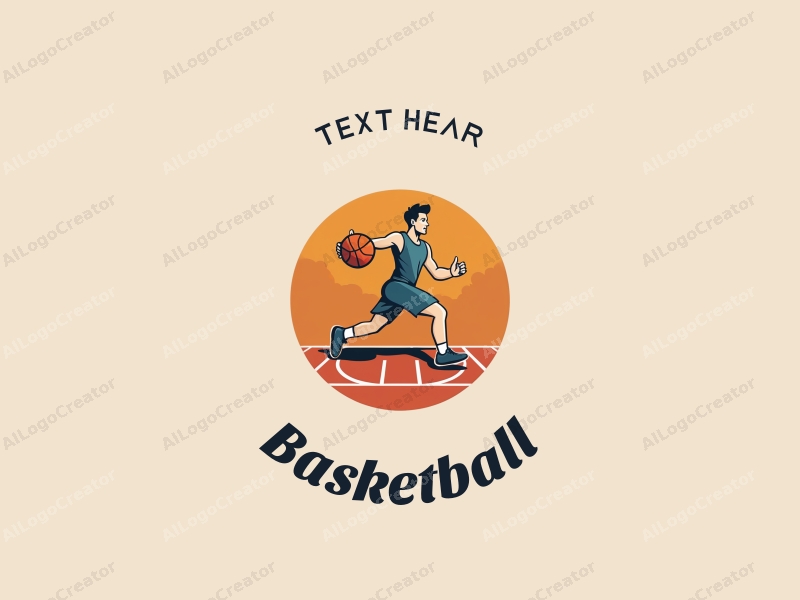 playful design features a stylized basketball, an athlete in motion, and a basketball court background combined with a clean and simple layout.