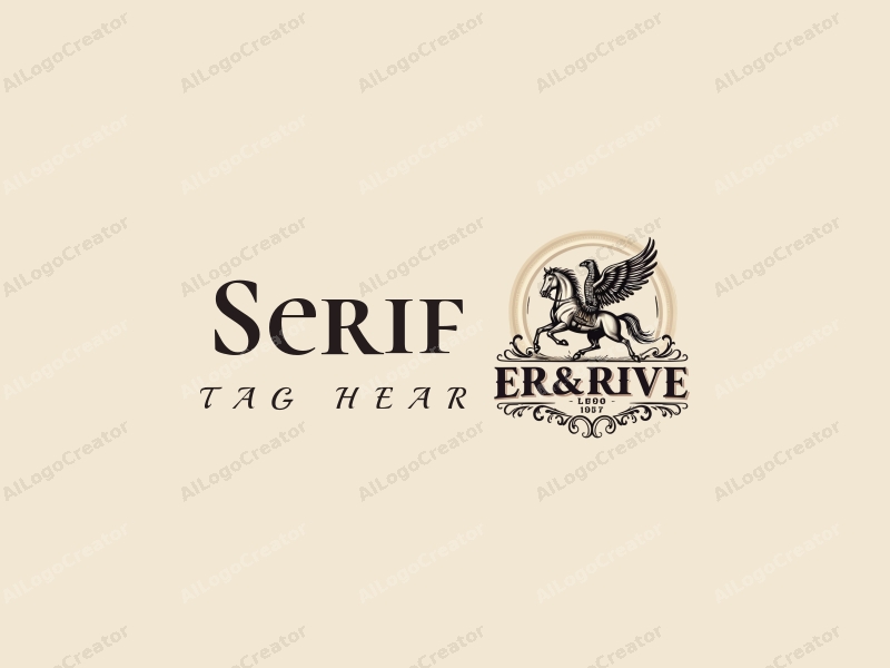 vintage design features elegant serif fonts, a stylized horse and eagle, combined with a clean background and a harmonious composition.