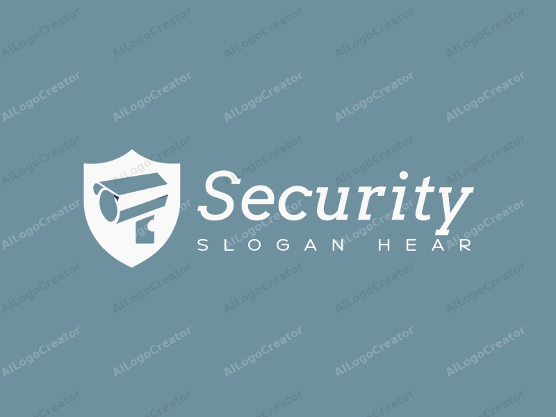 modern design features a stylized shield and surveillance camera, combined with a clean background and a focus on security elements.