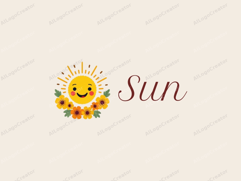 playful design features a bright sun with rays of light, surrounded by cheerful flowers, all in a vibrant yellow color scheme, combined with a clean and simple background.