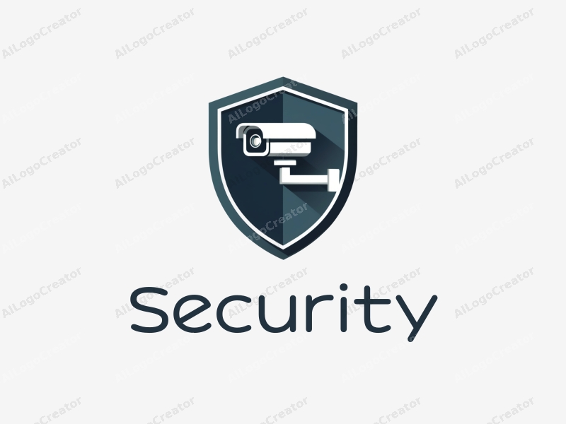 modern design features a stylized shield and surveillance camera, combined with a clean background and a focus on security elements.