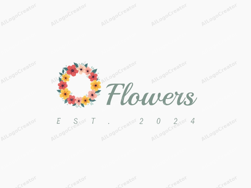 playful design features vibrant flowers and petals arranged in a circular wreath, complemented by playful leaves, all set against a clean background.