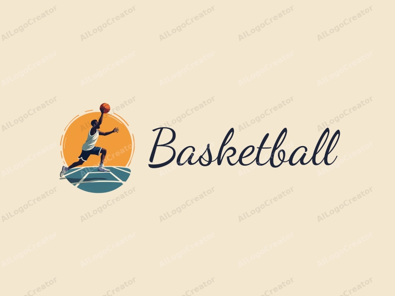 playful design features a dynamic athlete leaping with a basketball, set against a stylized basketball court, incorporating vibrant orange tones and a clean background.