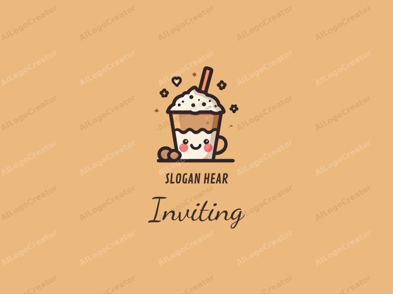 playful design features a cheerful smile, a stylized milk tea cup, and inviting elements combined with a warm background.