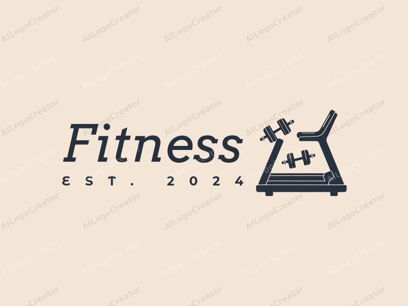 modern design features stylized dumbbells and a treadmill, combined with a clean background and a focus on fitness and movement.