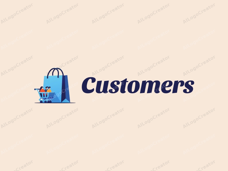 a modern design featuring a blue shopping bag and a blue shopping cart, with stylized representations of customers and shoppers, combined with a clean background.