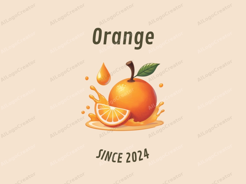 playful design features a stylized orange, a splash of juice, and a water droplet, combined with a clean background.