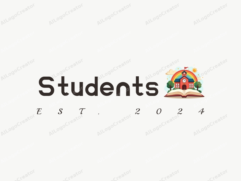 playful design features a cheerful student character, a stylized school building, an open book, and a vibrant rainbow, combined with a clean background.