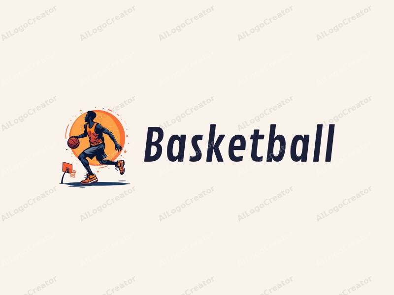 playful design features a dynamic athlete dribbling a basketball, a stylized basketball hoop in the background, and vibrant orange sneakers, combined with a clean and energetic layout.