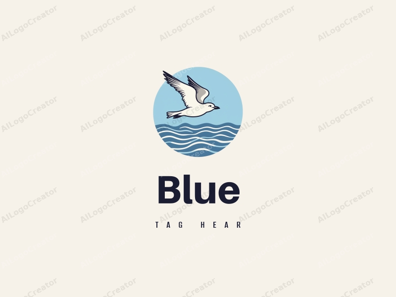 minimalist design features a stylized seagull soaring above gentle waves, with a clean blue background representing the ocean and sky, creating a harmonious and simple composition.