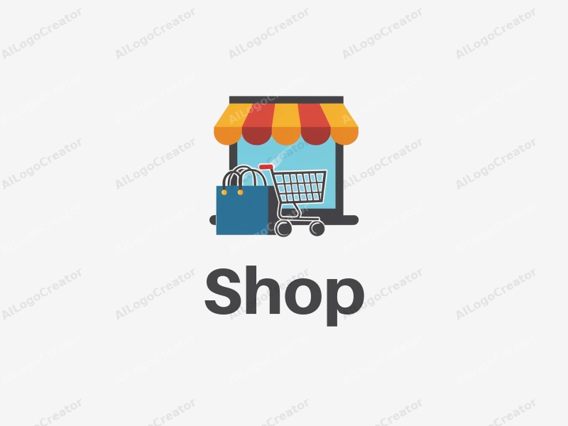 a modern design featuring a stylized shop front, a shopping cart, and a blue shopping bag, combined with a clean background.