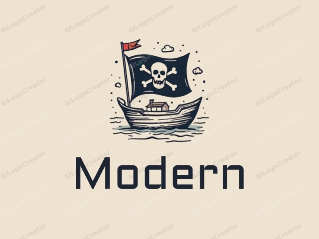 minimalist design features a stylized pirate flag intertwined with simple line drawings of home and architectural elements, combined with a clean background.