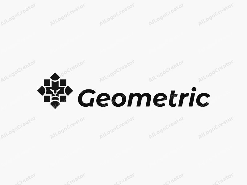 geometric design features a stylized lion integrated with square and circular shapes, emphasizing gaming elements, combined with a clean black and white background.