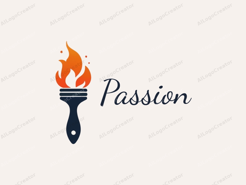 playful design features a dynamic paintbrush intertwined with a flame, symbolizing passion and enthusiasm, combined with a clean background.